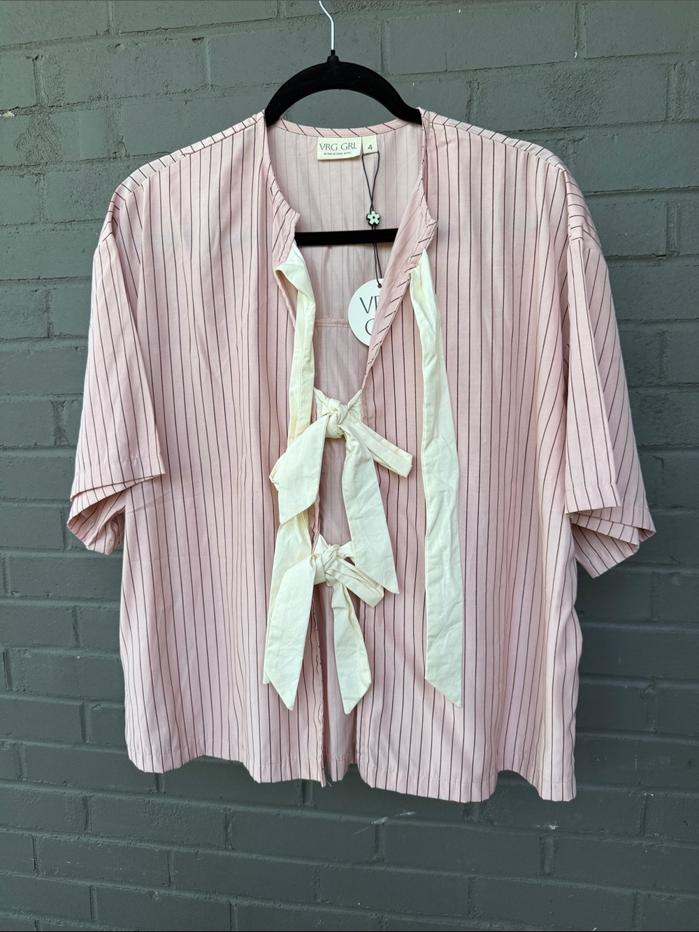 VRG GIRL Pink Striped Tie-Front Blouse with Cream Bows